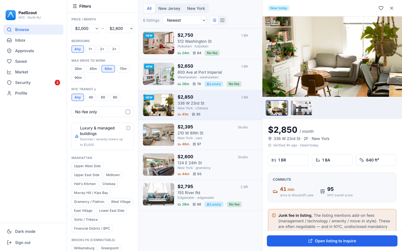 PadScout Browse: a single feed of NYC and North Jersey listings from every site, each scored by commute and transit, with no-fee and luxury badges and an open listing showing a junk-fee warning.
